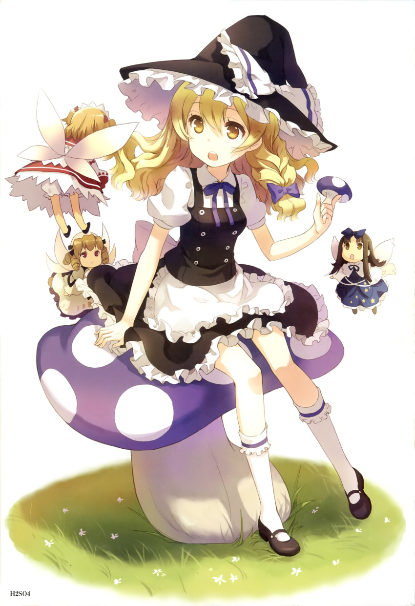 absurdres blonde_hair bloomers braid brown_hair dress drill_hair fairy grass h2so4 hat highres kirisame_marisa luna_child mary_janes minigirl multiple_girls mushroom open_mouth red_eyes shoes sitting socks star_sapphire sunny_milk touhou white_legwear wings witch witch_hat yellow_eyes