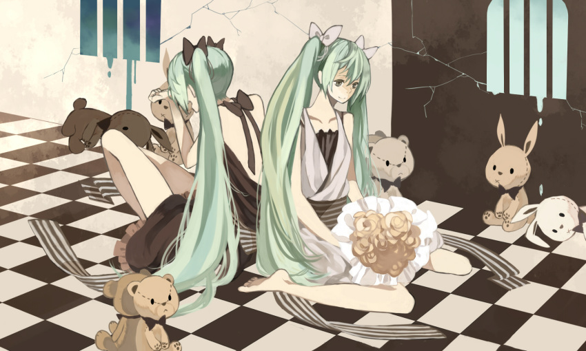 back-to-back bouquet checkered checkered_floor flower happy hatsune_miku highres mirror multiple_persona reflection sad sitting stuffed_animal stuffed_bunny stuffed_toy teddy teddy_bear tile_floor twintails vocaloid wariza