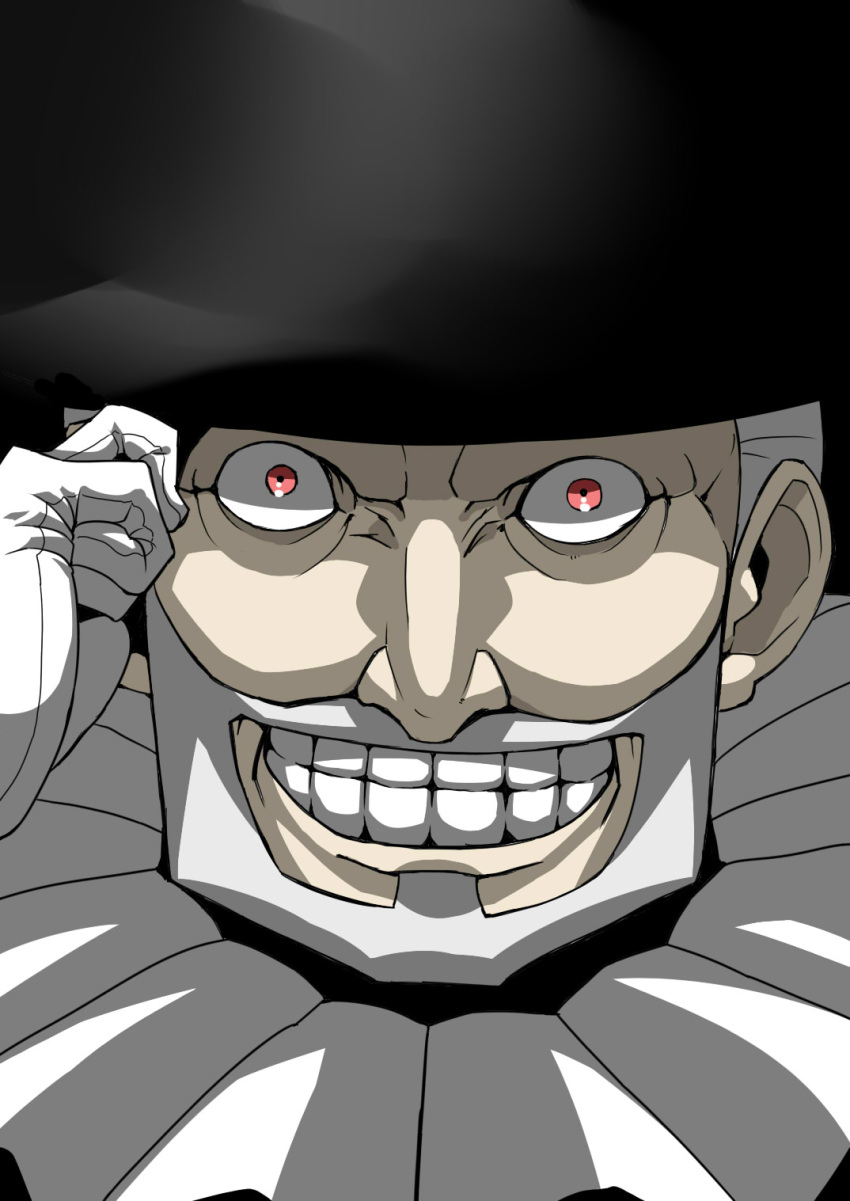 close-up cowboy_bebop crazy crazy_eyes crazy_smile elizabethan_collar facial_hair gloves grin hand_on_head hat highres mad_pierrot male mustache neck_ruff old_man red_eyes shaded_face smile teeth top_hat tsuki_wani white_gloves white_hair