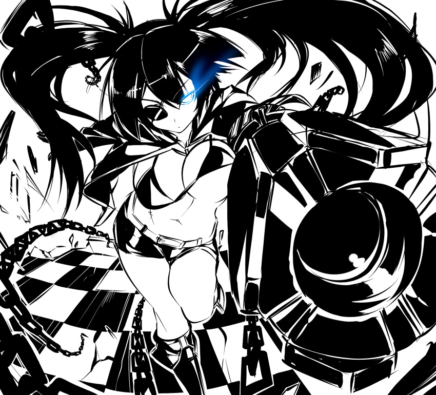 absurdres arm_cannon bikini_top black_rock_shooter black_rock_shooter_(character) breasts chain checkered checkered_floor eyepatch glowing glowing_eye highres jacket large_breasts long_hair monochrome potion_(artist) potion_(moudamepo) scar shorts spot_color twintails weapon