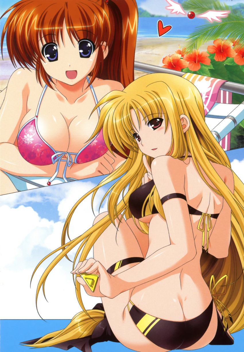 ass bardiche beach blonde_hair blue_eyes breasts brown_hair butt_crack cleavage cloud clouds fate_testarossa front-tie_top higa_yukari highres large_breasts long_hair looking_back low-tied_long_hair lyrical_nanoha mahou_shoujo_lyrical_nanoha multiple_girls open_mouth ponytail purple_eyes raising_heart red_eyes sky swimsuit takamachi_nanoha underboob very_long_hair