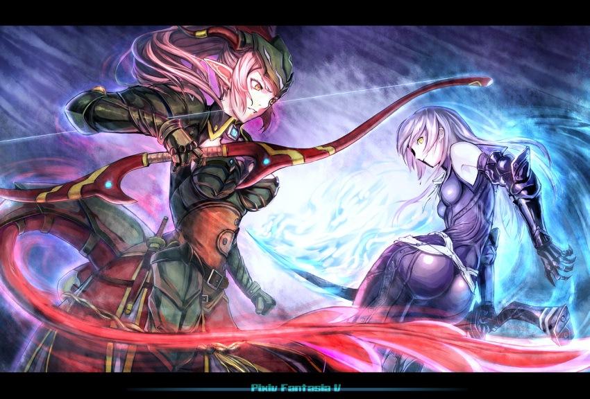 armor ass bare_shoulders belt bow_(weapon) dagger detached_sleeves forehead_protector fortmaster_cleska gauntlets letterboxed long_hair multiple_girls pink_hair pixiv_fantasia pixiv_fantasia_5 pointy_ears ponytail ryuuzaki_itsu sword tail weapon