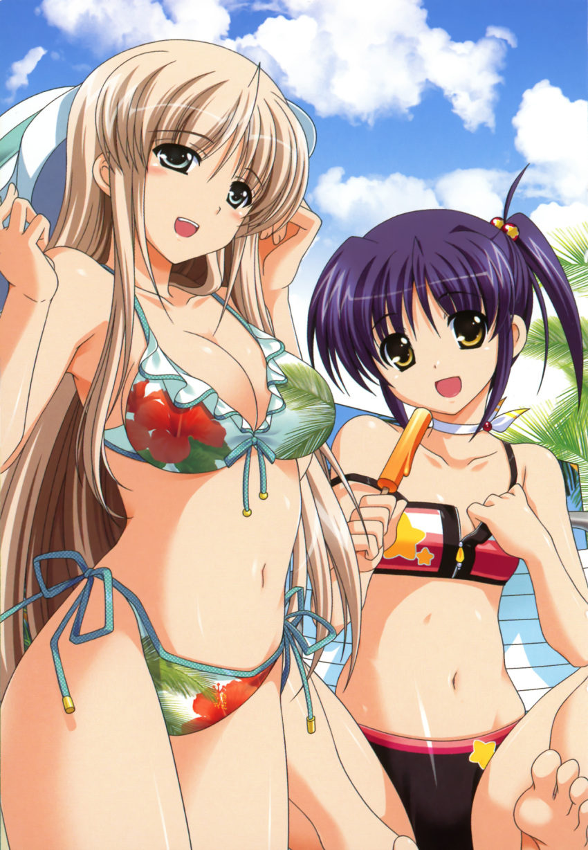 bikini blue_eyes blue_hair bow breasts cleavage cloud clouds hair_bow higa_yukari highres isis_eaglet lily_strosek long_hair lyrical_nanoha mahou_senki_lyrical_nanoha_force mahou_shoujo_lyrical_nanoha multiple_girls open_mouth popsicle side-tie_bikini sky swimsuit very_long_hair yellow_eyes