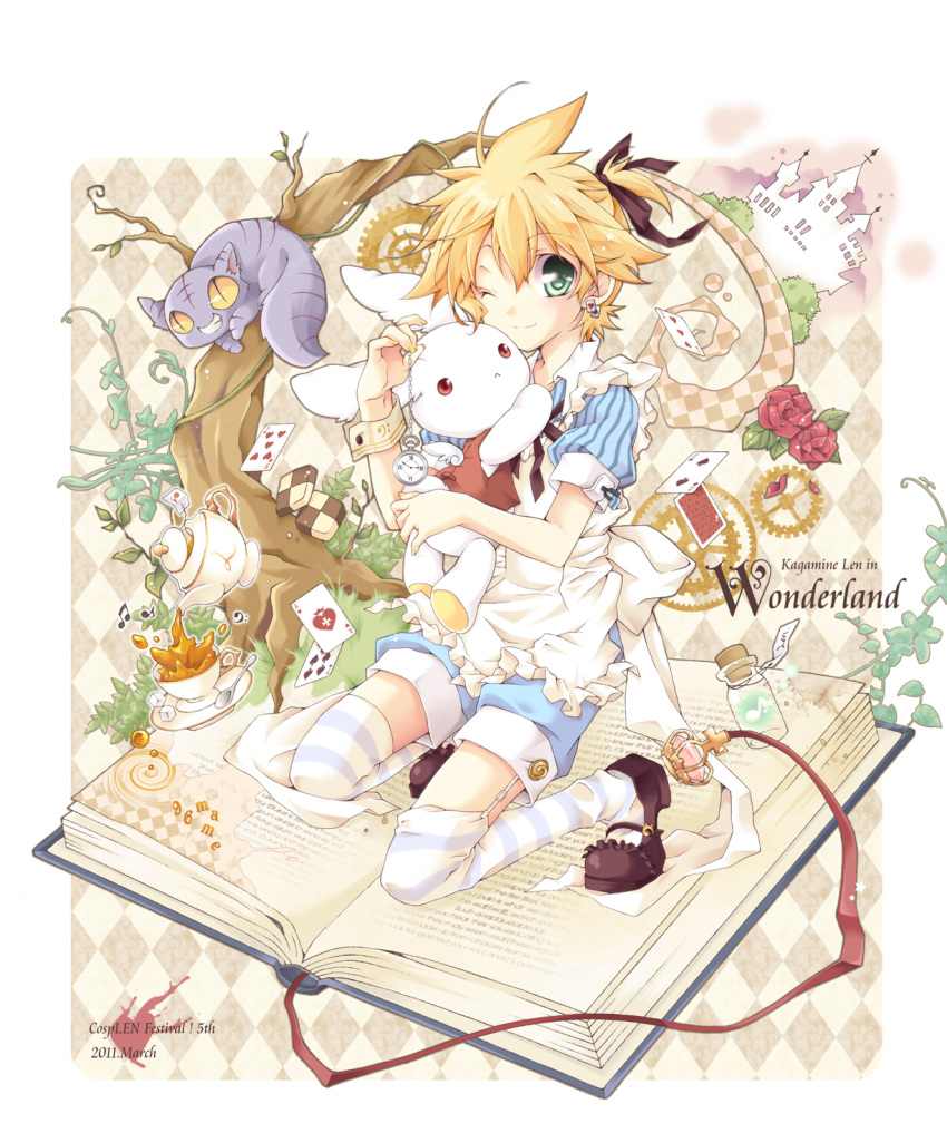 96mame alice_(cosplay) alice_(wonderland) alice_(wonderland)_(cosplay) alice_in_wonderland androgynous blonde_hair book bottle boy bunny buttons card cards cheshire_cat child cosplay cup earrings falling_card floating_card flower frills garters green_eyes hair_ribbon highres jewelry kagamine_len male musical_note nail_polish pocket_watch ponytail pop-up_book rabbit ribbon shorts smile solo spoon striped striped_legwear striped_thighhighs stuffed_animal stuffed_toy tea teacup teapot thigh-highs thighhighs vocaloid watch wink wrist_cuffs zettai_ryouiki