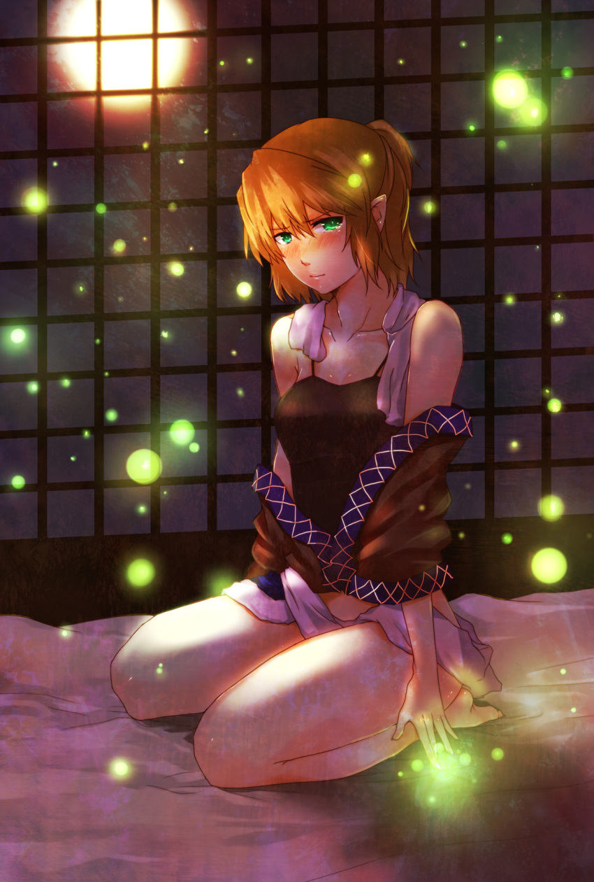 bare_legs bare_shoulders barefoot bed blonde_hair blush face firefly glowing glowing_eyes green_eyes hands highres jealous light_particles lips mizuhashi_parsee no_pants off_shoulder pointy_ears pout short_hair solo tears touhou towel wet yosaku_(roach)