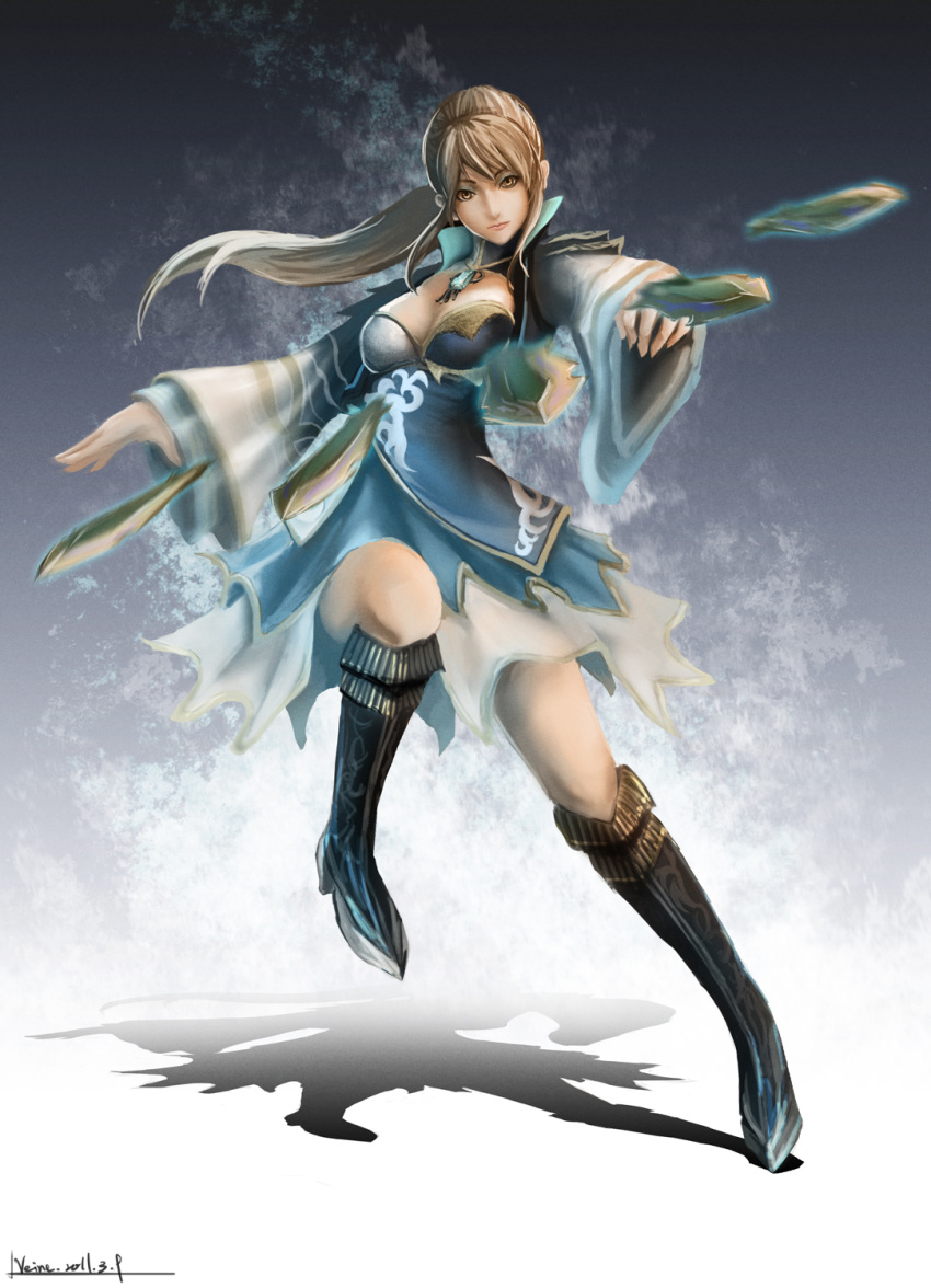 bad_id blonde_hair boots breasts chinese_clothes cleavage dagger dated dress eyeshadow highres knee_boots leg_up lips long_hair makeup ponytail pveine shadow shin_sangoku_musou signature solo veine wang_yuanji weapon yellow_eyes