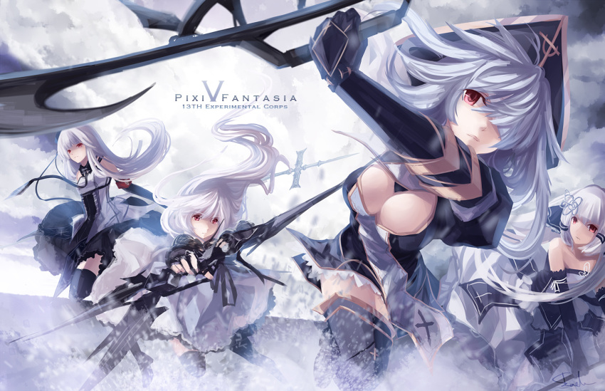 bare_shoulders black_legwear boots breasts cleavage cross detached_sleeves dress gloves hair_ornament hair_ribbon hairclip hat jewelry large_breasts long_hair multiple_girls open_mouth original pirate_hat pixiv_fantasia pixiv_fantasia_5 red_eyes ribbon short_hair silver_hair skade skirt snow thigh-highs thigh_boots thighhighs weapon white_hair zettai_ryouiki