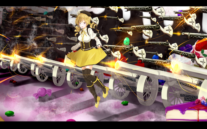 absurdres beret blonde_hair boots breasts candy cannon corset detached_sleeves drill_hair error fingerless_gloves gloves gun hair_ornament hat highres letterboxed magical_girl magical_musket mahou_shoujo_madoka_magica otousama pleated_skirt puffy_sleeves rifle skirt skirt_lift solo thigh-highs thighhighs tomoe_mami weapon yellow_eyes zettai_ryouiki