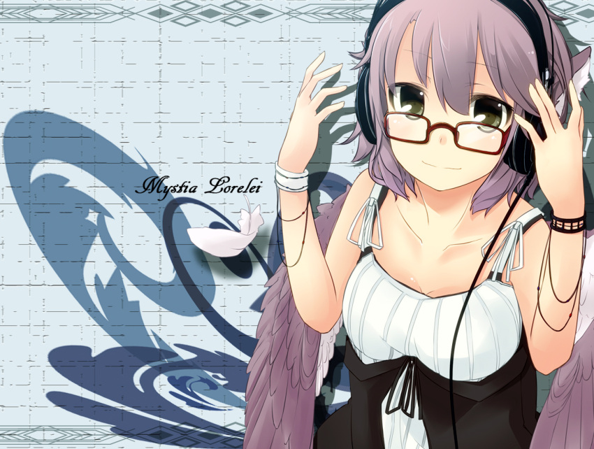 alternate_costume animal_ears bare_shoulders bespectacled bow bracelet breasts brown_eyes casual cleavage contemporary feather feathers glasses grey_eyes hat headphones highres jewelry kuroi_mizore mystia_lorelei purple_hair ribbon short_hair smile solo touhou wings