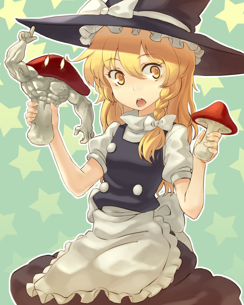 absurdres apron blonde_hair braid female hat highres kirisame_marisa long_hair matching_hair/eyes muscle mushroom nerugal open_mouth solo star stars touhou witch witch_hat yellow_eyes