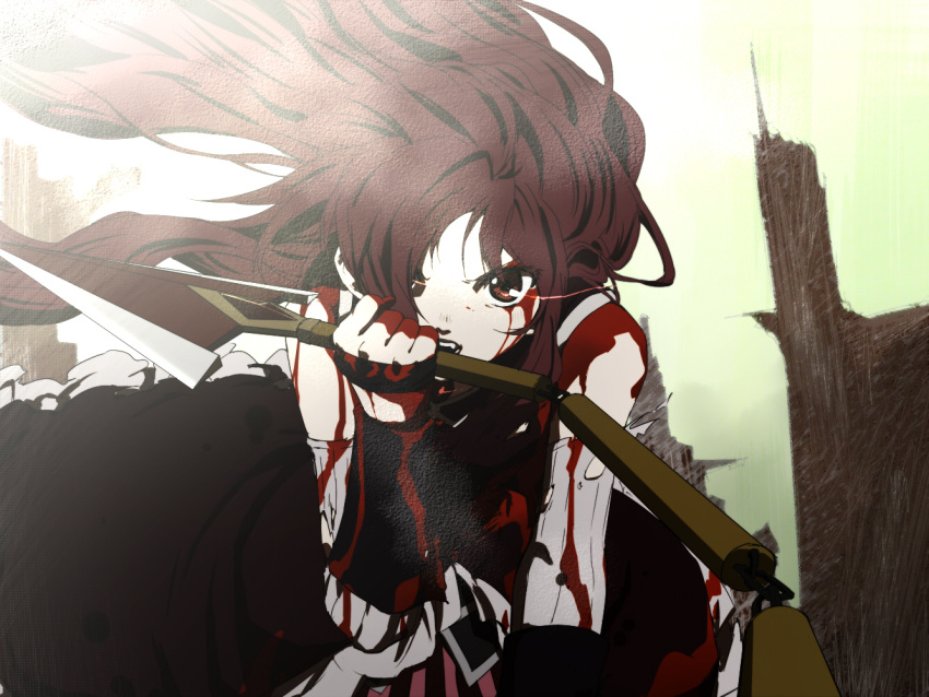 alternate_hairstyle bad_id bare_shoulders biting blood blood+ blood_on_clothes bloody_clothes bloody_tears detached_sleeves floating_hair glaring glowing glowing_eyes grip hair_over_eyes long_hair looking_at_viewer magical_girl mahou_shoujo_madoka_magica open_mouth parody polearm red_eyes red_hair redhead sakura_kyouko serious solo spear tori_(ritcrover) weapon