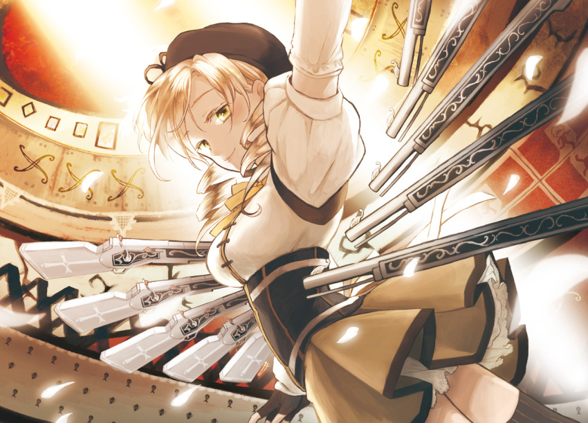arm_up beret blonde_hair corset detached_sleeves drill_hair fingerless_gloves gloves gun hat highres lace light_smile magical_girl magical_musket mahou_shoujo_madoka_magica rifle solo sugi tears thighhighs tomoe_mami twin_drills weapon witch's_labyrinth witch's_labyrinth yellow_eyes
