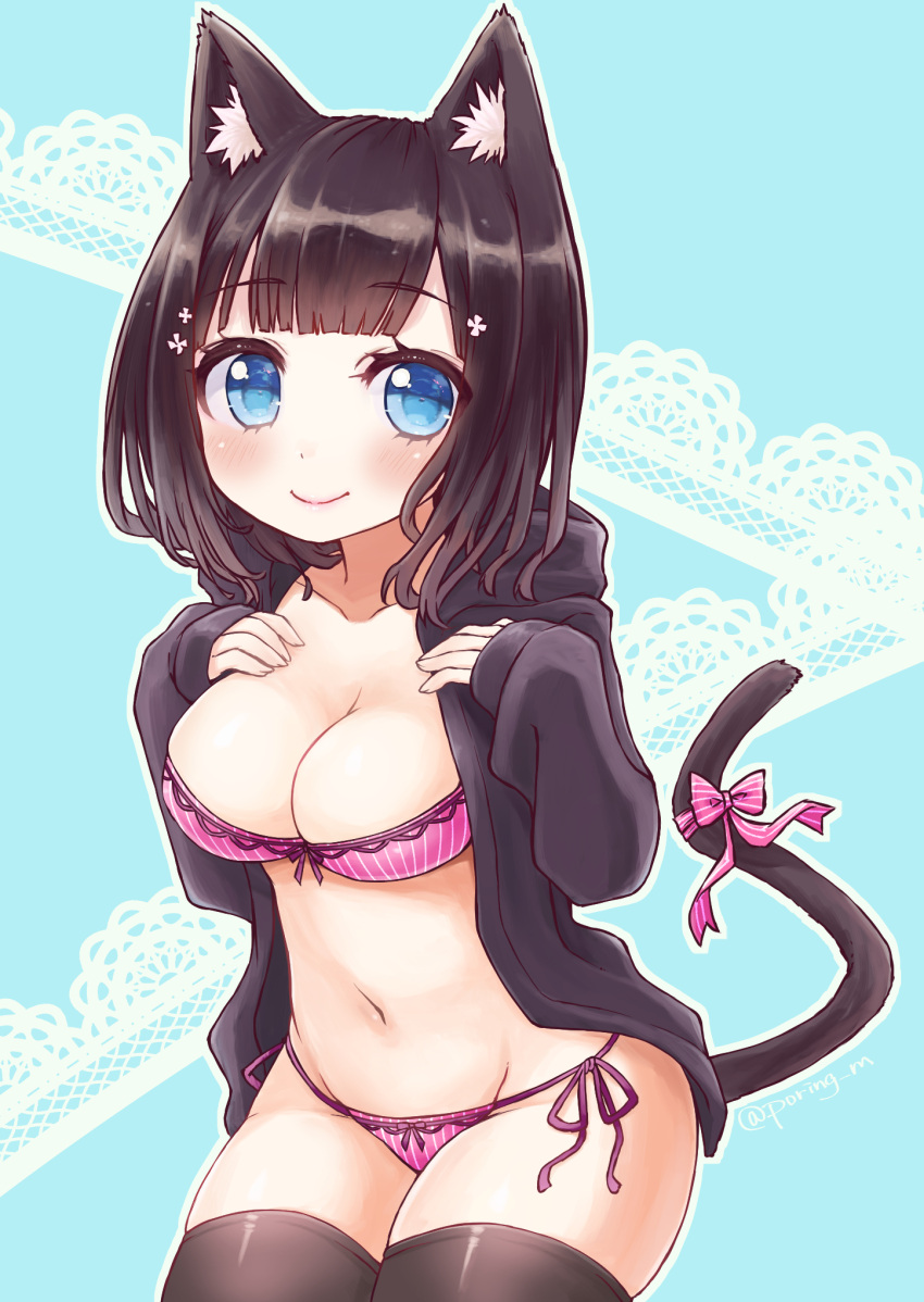 1girl animal_ears black_hair black_legwear black_shirt blue_background blue_eyes bow bow_bra bow_panties bra breasts cat_ears cat_tail closed_mouth collarbone commentary cowboy_shot hair_ornament hairpin hands_on_own_chest highres hood hoodie lace leaning_forward light_blush lips looking_at_viewer medium_breasts medium_hair miyamae_porin navel no_pants open_clothes open_shirt original panties pink_bow pink_bra pink_panties ribbon shirt side-tie_panties skindentation smile solo standing striped tail tail_ribbon thigh-highs thighs twitter_username underwear vertical-striped_bra vertical-striped_panties vertical_stripes