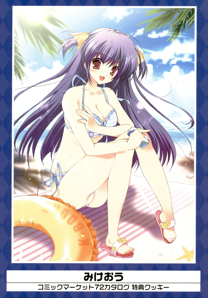:d absurdres beach bikini breasts cleavage copyright_request fang highres mikeou open_mouth purple_hair short_twintails side-tie_bikini smile solo swimsuit twintails