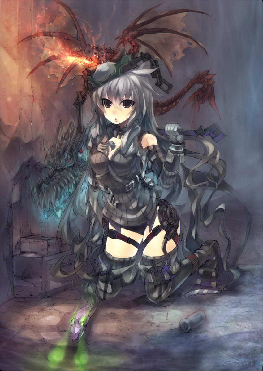 boots breasts brown_eyes cable cleavage dragon elbow_gloves fire gloves glowing glowing_eyes hand_on_own_chest hand_to_chest headdress highres kneeling long_hair mamuru original snake solo thigh-highs thigh_boots thighhighs very_long_hair weapon wrench