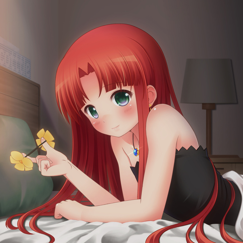 bare_shoulders bed blanket blush earrings flower fractale green_eyes hair_down hair_flower hair_ornament highres jewelry long_hair looking_at_viewer necklace nessa nukunuku_(hinataboltuko) red_hair redhead smile solo under_covers