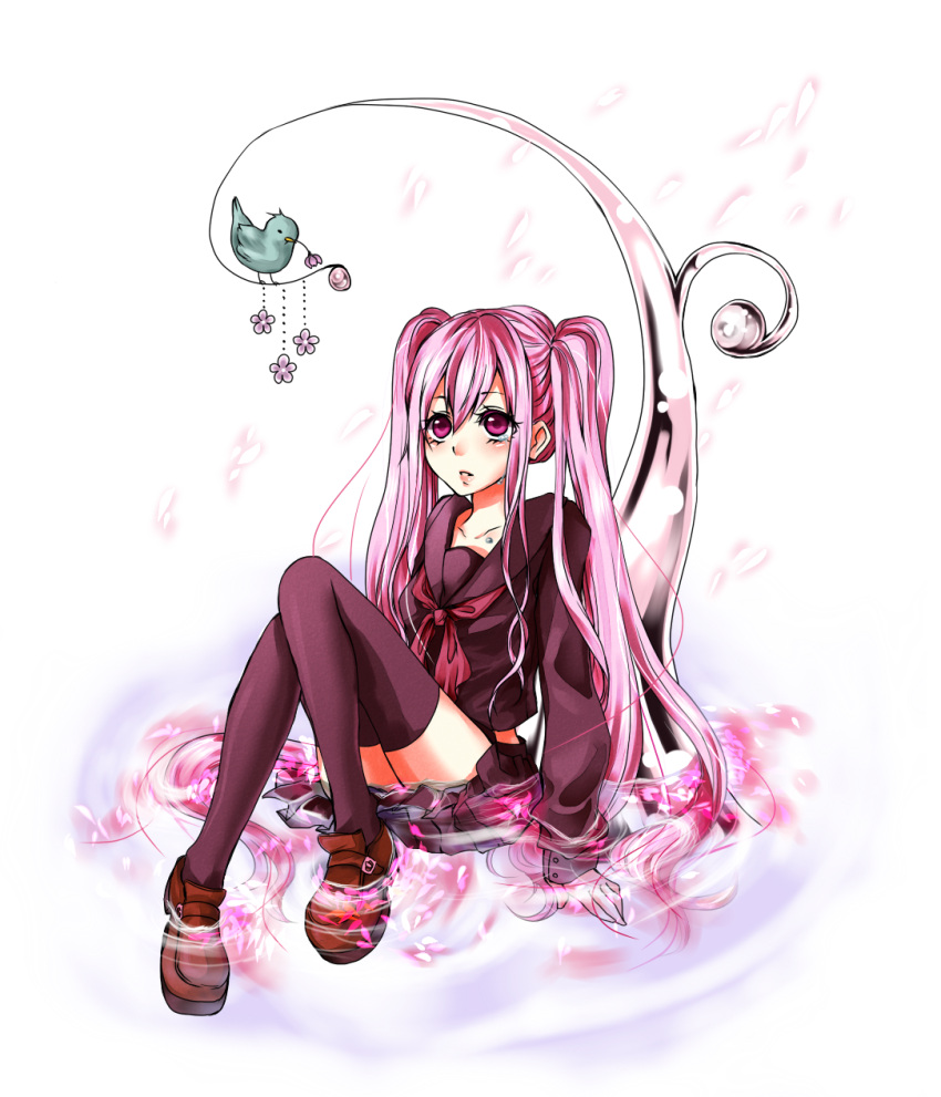 arm_support bad_id bird cherry_blossoms conomi-c5 hatsune_miku highres loafers long_hair petals pink_eyes pink_hair sakura_miku school_uniform serafuku shoes sitting solo tears thigh-highs thighhighs twintails very_long_hair vocaloid water
