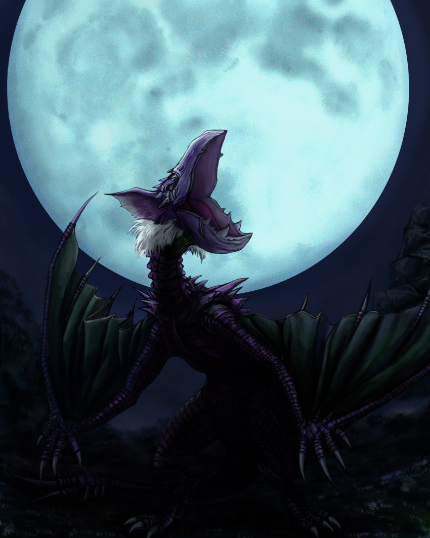 dragon dragon_wings highres monster monster_hunter night night_sky open_mouth sai-go scales sky tree wings wyvern yian_garuga