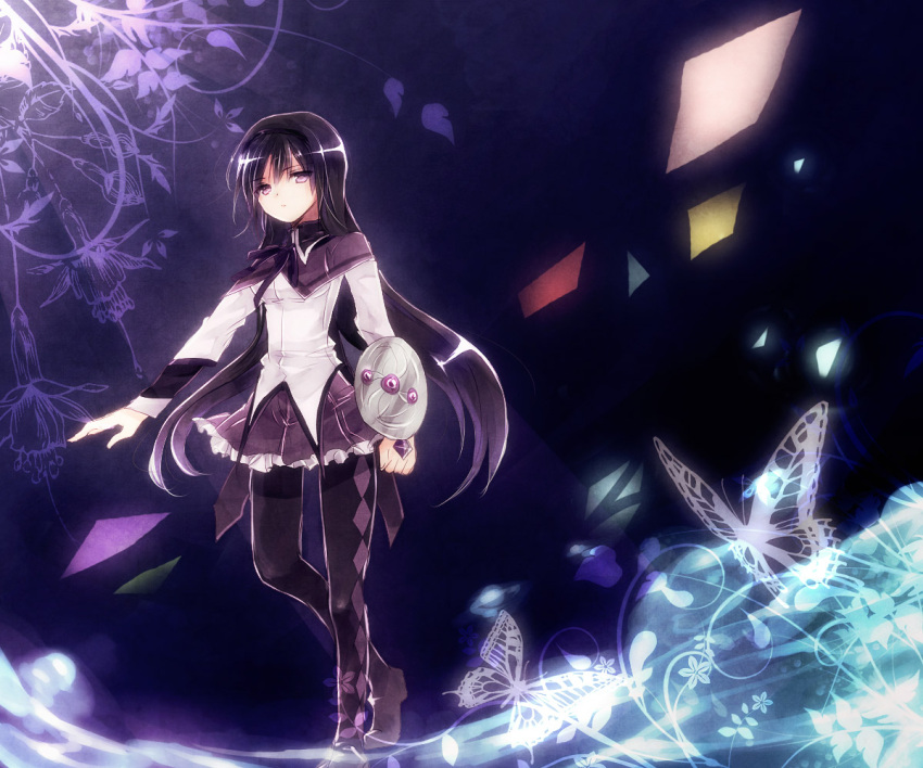 1girl akemi_homura bad_id black_hair butterfly flower flying_paper hairband long_hair magical_girl mahou_shoujo_madoka_magica outstretched_arm panties pantyhose paper purple_eyes shield solo unabara_misumi underwear violet_eyes