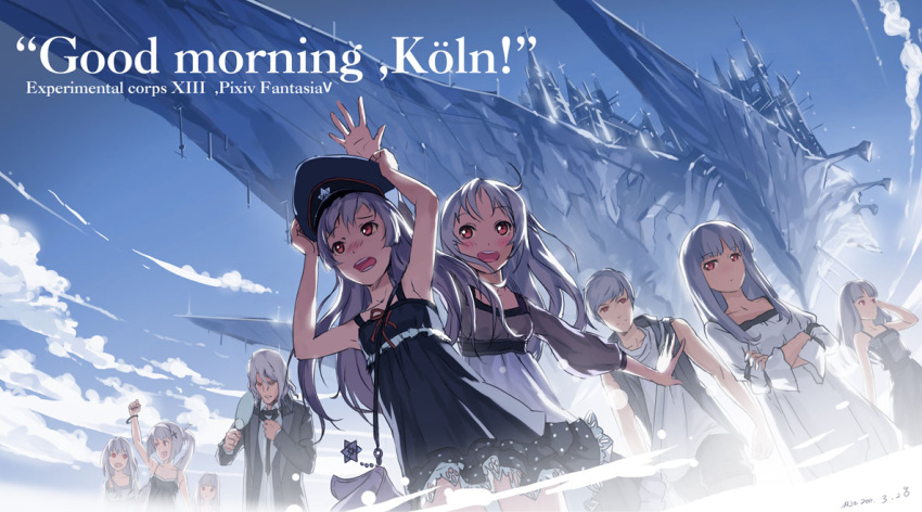 6+girls :d armpits bag blue_sky blush bracelet cloud clouds crossed_arms dress fan formal german hair_ornament hair_tucking hairclip hat hjl hoodie jewelry long_hair multiple_boys multiple_girls necktie open_mouth peaked_cap pixiv_fantasia pixiv_fantasia_5 ponytail red_eyes ship silver_hair sky smile suit translated