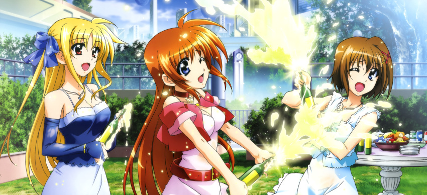 absurdres belt blonde_hair bow brown_hair champagne elbow_gloves fate_testarossa food gloves hair_bow hair_ornament hairclip hashimoto_takayoshi highres long_hair long_image lyrical_nanoha mahou_shoujo_lyrical_nanoha mahou_shoujo_lyrical_nanoha_strikers multiple_girls nyantype official_art open_mouth outdoors outside red_eyes short_hair takamachi_nanoha very_long_hair wide_image wink yagami_hayate