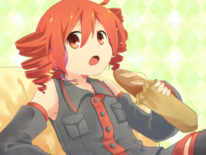 ahoge argyle argyle_background baguette bare_shoulders boots bread chair detached_sleeves drill_hair eating food headset holding kasane_teto leaning_back looking_at_viewer open_mouth pocket red_eyes red_hair redhead reki_(arequa) sitting skirt sleeveless sleeveless_shirt slouching solo tareme thigh-highs thigh_boots thighhighs twin_drills utau zettai_ryouiki