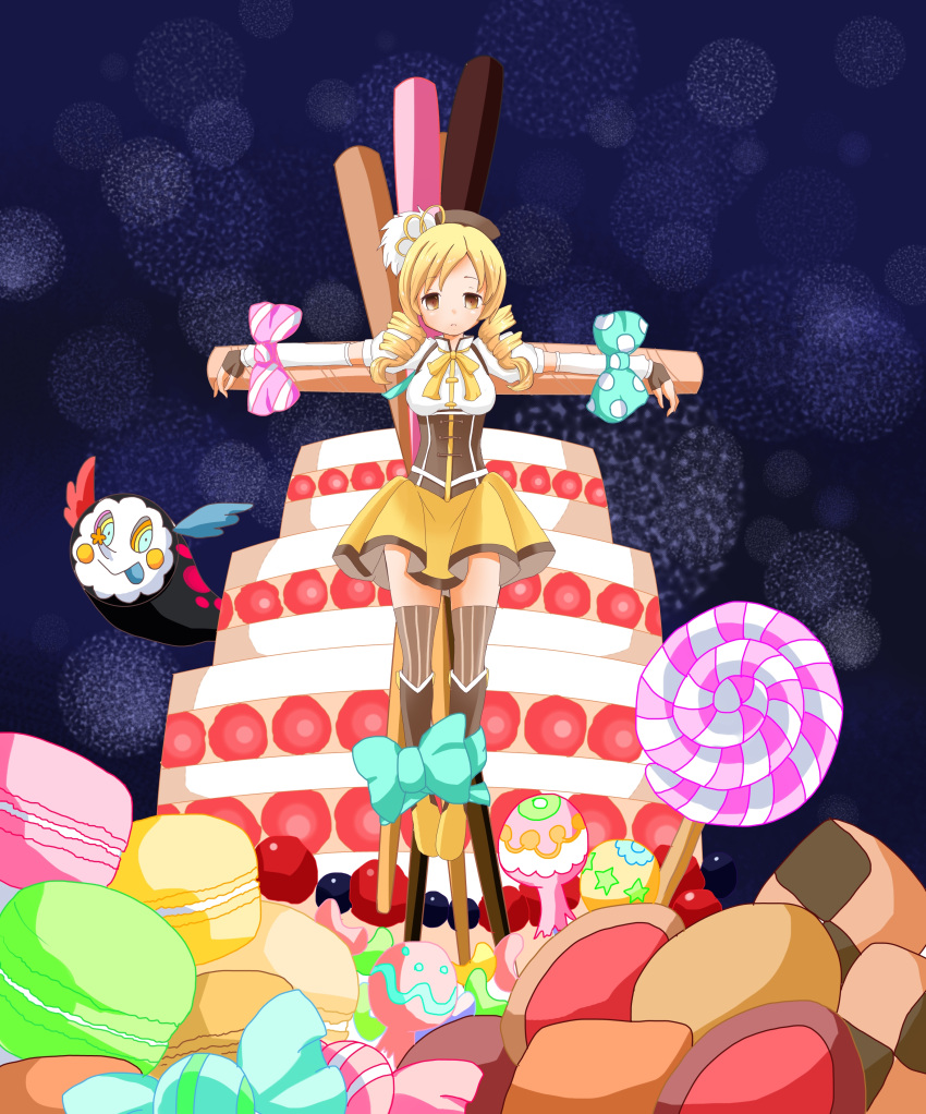 absurdres beret blonde_hair boots bow cake candy charlotte_(madoka_magica) crucifixion detached_sleeves drill_hair fingerless_gloves food gloves hair_ornament hat highres lollipop magical_girl mahou_shoujo_madoka_magica pocky puffy_sleeves thigh-highs thighhighs tomoe_mami tongue vertical-striped_legwear vertical_stripes witch's_labyrinth witch's_labyrinth yellow_eyes