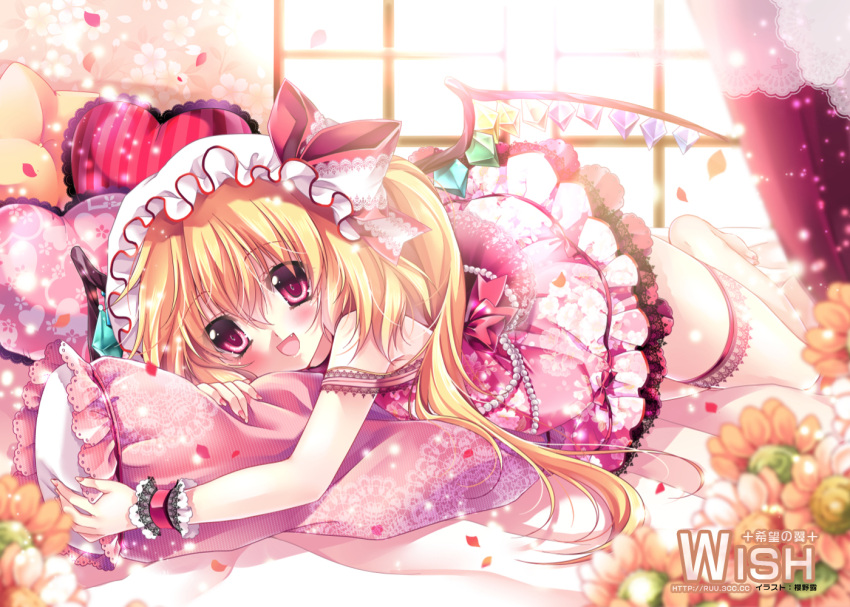 1girl barefoot bed blonde_hair blush byruu curtains fang flandre_scarlet flower hat hat_ribbon leg_band lying on_stomach open_mouth petals pillow red_eyes ribbon short_hair side_ponytail smile solo touhou window wings wrist_cuffs