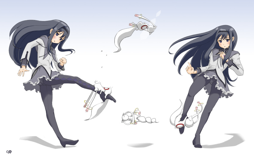 :3 akemi_homura ass black_hair blush boots get9 hairband highres kicking kyubey kyuubee long_hair magical_girl mahou_shoujo_madoka_magica open_mouth panties panties_under_pantyhose pantyhose purple_eyes shadow simple_background skirt thigh_boots thighhighs trefoil underwear violet_eyes