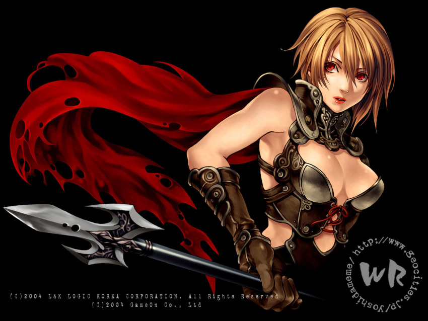 armpits bangs blonde_hair breasts brown_hair bust cape cleavage cleavage_cutout corset elbow_gloves fantasy fighting_stance gloves hair_between_eyes highres lancer_(red_stone) large_breasts lips lipstick looking_away makeup midriff official_art open_mouth polearm red_eyes red_stone short_hair simple_background solo spear torn_cape torn_clothes turtleneck wallpaper weapon yuki_hayabusa