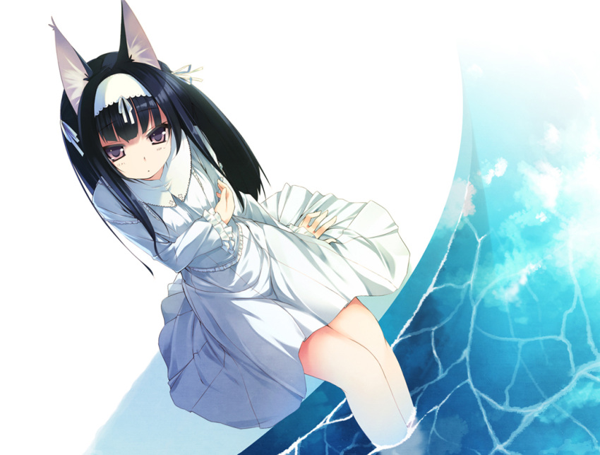 black_hair blush brown_eyes dress feet_in_water from_above hairband hand_on_own_chest hand_to_chest long_hair nekomu original sitting soaking_feet solo water