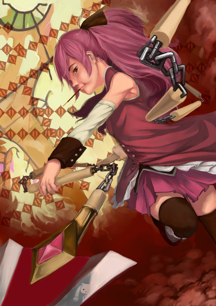 bare_shoulders black_legwear bow buttons chain chains detached_sleeves gem hair_bow hair_ornament highres kyubey long_hair magical_girl mahou_shoujo_madoka_magica pocky polearm ponytail realistic red_eyes red_hair redhead reflection sakura_kyouko skirt smile solo spear teneto thigh-highs thighhighs weapon zettai_ryouiki