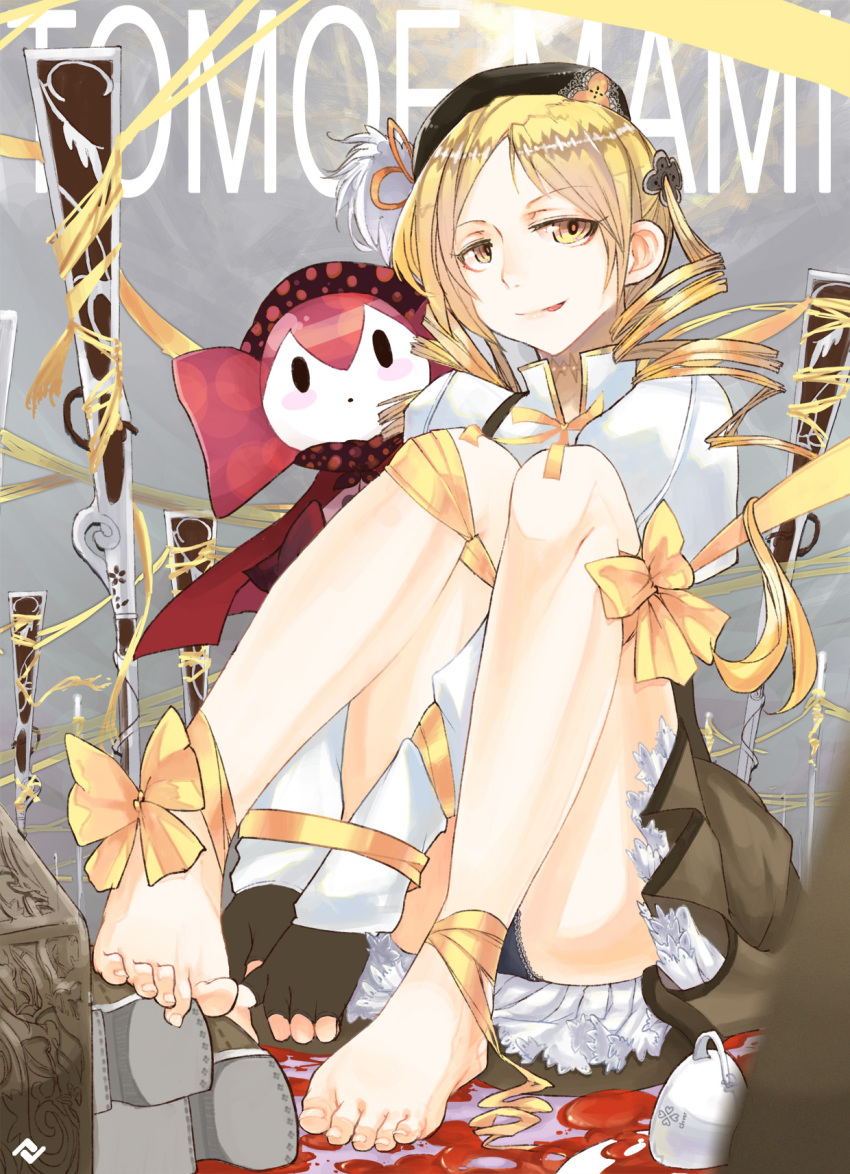 bare_legs barefoot bdsm beret blonde_hair bondage charlotte_(madoka_magica) cup drill_hair feet fingerless_gloves flelincw gloves gun hat highres licking_lips magical_girl magical_musket mahou_shoujo_madoka_magica panties pantyshot pantyshot_(sitting) pantyshot_sitting puffy_sleeves ribbon rifle shoes_removed sitting tea teacup toes tomoe_mami twintails underwear weapon yellow_eyes