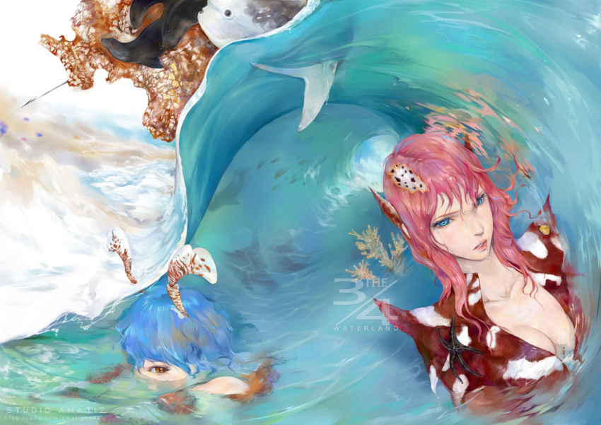 amatiz blue_eyes blue_hair breasts brown_eyes cleavage cloud clouds fish original pink_hair shark shell starfish water waves wet wet_clothes