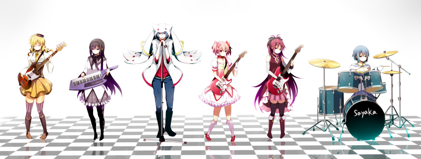 akemi_homura band bubble_skirt drill_hair drum drum_set fender guitar hat highres instrument kaname_madoka keyboard_(instrument) kyubey kyuubee magical_girl mahou_shoujo_madoka_magica microphone_stand miki_sayaka nekoame pantyhose personification reflective_floor sakura_kyouko smile thigh-highs thighhighs tile_floor tiles tomoe_mami twin_drills twintails