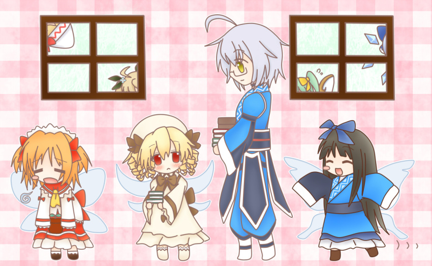 blonde_hair blue_hair blush_stickers book bow cirno closed_eyes daiyousei dress drill_hair eyes_closed fairy_wings glasses green_hair hair_bow hair_ornament hair_ribbon ice japanese_clothes ko_torii lily_white long_hair luna_child morichika_rinnosuke open_mouth orange_hair plant pot red_eyes ribbon silver_hair smile star_sapphire sunny_milk touhou twintails window wings yellow_eyes