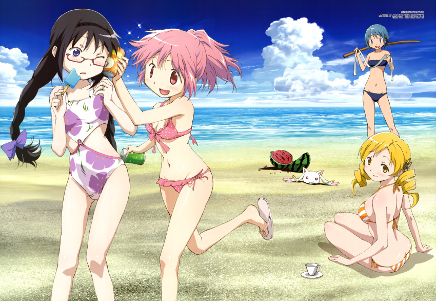 absurdres akemi_homura beach bikini blue_hair blush bokken bow braid breasts can can_to_cheek cleavage cloud clouds cup drill_hair drink food frilled_bikini frills front-tie_top fruit glasses hair_bow highres huge_filesize kaname_madoka kyubey legs looking_back mahou_shoujo_madoka_magica megami miki_sayaka mound_of_venus multiple_girls navel ocean official_art polka_dot polka_dot_bikini polka_dot_swimsuit red-framed_glasses sandals short_hair side-tie_bikini sky soda_can spoilers striped striped_bikini striped_swimsuit suikawari swimsuit sword taniguchi_jun'ichirou teacup tomoe_mami twin_braids twin_drills twintails water watermelon weapon wince wink wooden_sword