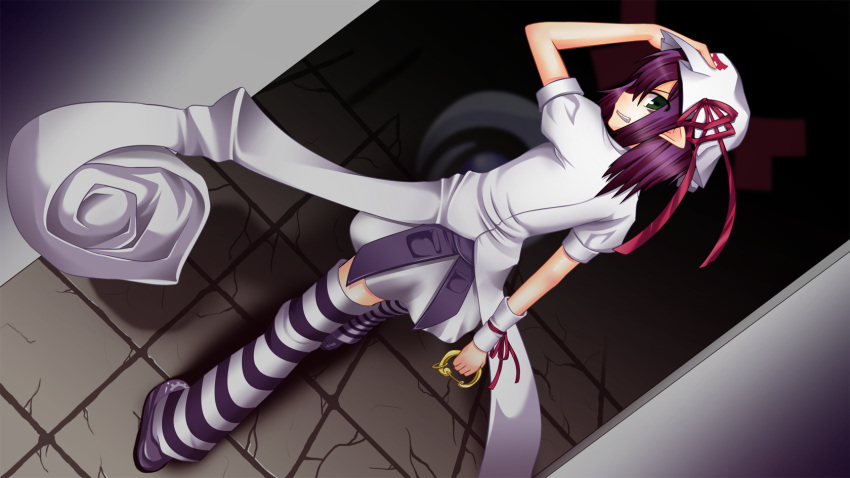 green_eyes hat highres looking_back merry_nightmare open_mouth pointy_ears purple_hair ribbon short_hair skirt slavedoll solo striped striped_legwear striped_thighhighs thighhighs wristband yumekui_merry