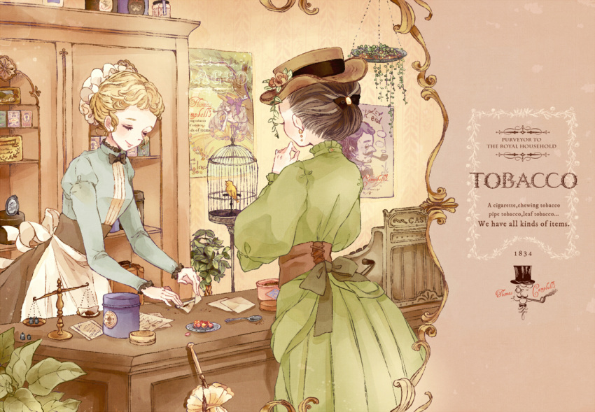 2girls apron bird birdcage blonde_hair brown_hair cage closed_eyes dress earrings english european_clothes hair_up hat ichiko indoors jewelry leaf long_sleeves monocle multiple_girls original pipe plant poster_(object) shelf smile spoon tobacco top_hat umbrella weighing_scale