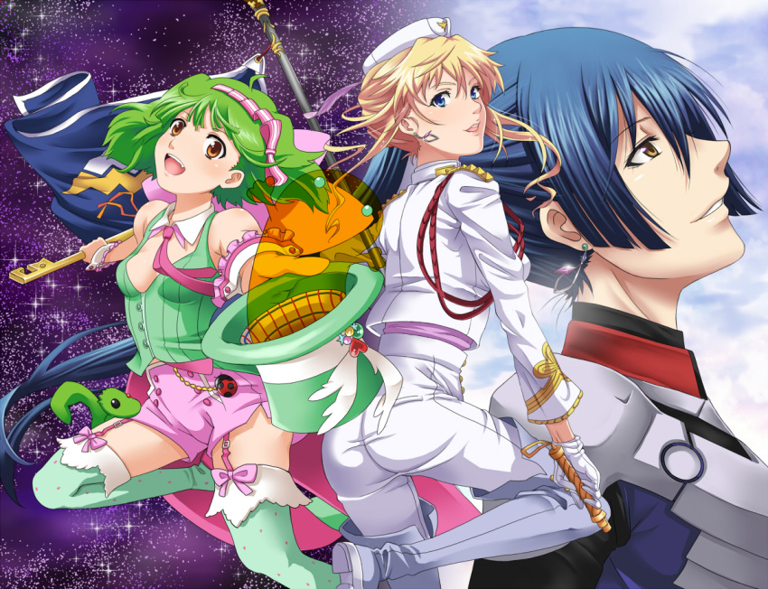 alien blonde_hair blue_eyes blue_hair brown_eyes flag gloves green_hair hat jewelry long_hair macross macross_frontier macross_frontier:_sayonara_no_tsubasa microphone military military_uniform necktie open_mouth pet pilot_suit ponytail ranka_lee s.m.s. saotome_alto seven_(11) sheryl_nome short_hair single_earring thigh-highs thighhighs top_hat uniform vajra