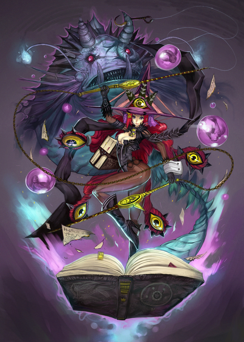book boots breasts chain chains cleavage demon fish fishing_hook flying_fish gloves headdress hector_enrique_sevilla_lujan high_heels highres horns long_hair magic original pantyhose pentagram purple_eyes red_eyes red_hair redhead shoes solo very_long_hair violet_eyes whip witch