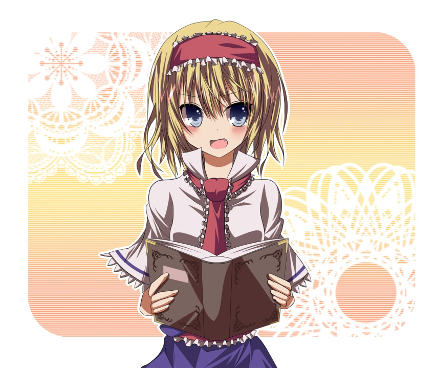 alice_margatroid blonde_hair blue_eyes blush book capelet fang hairband hikobae holding open_book solo touhou