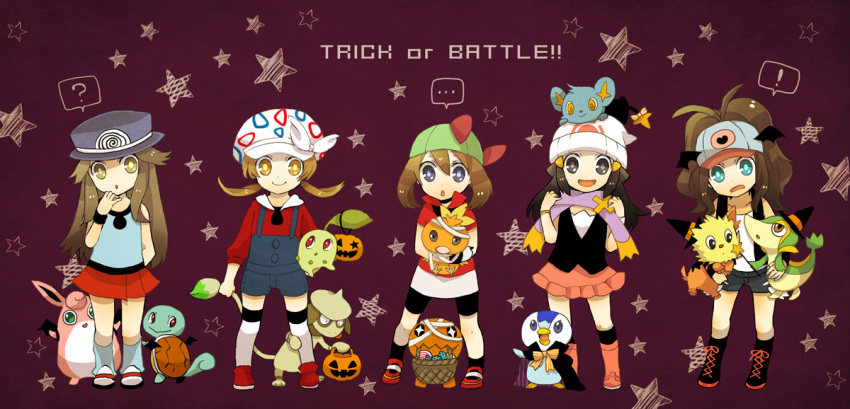 ... 5girls :d :o ? bandage bandages bandana bandanna baseball_cap basket bat_wings bike_shorts black_hair blue_(pokemon) blue_eyes boots brown_eyes brown_hair buzz cabbie_hat candy cape chikorita cosplay drifblim drifblim_(cosplay) footwear green_(pokemon) halloween haruka_(pokemon) hat hikari_(pokemon) holding jack-o'-lantern kneehighs kotone_(pokemon) leaf_(pokemon) lillipup long_hair mouth_hold multiple_girls open_mouth overalls piplup pokemon pokemon_(creature) pokemon_(game) pokemon_black_and_white pokemon_bw pokemon_diamond_and_pearl pokemon_dppt pokemon_firered_and_leafgreen pokemon_frlg pokemon_gsc pokemon_hgss pokemon_rgby pokemon_rse pokemon_ruby_and_sapphire poliwag poliwag_(cosplay) ponytail pumpkin purple_background ralts ralts_(cosplay) scarf shinx short_twintails shorts skirt smeargle smile snivy socks squirtle standing star starry_background tail themed_object thighhighs togepi togepi_(cosplay) torchic touko_(pokemon) trapinch trick_or_treat twintails wand wigglytuff wings witch_hat woobat woobat_(cosplay)