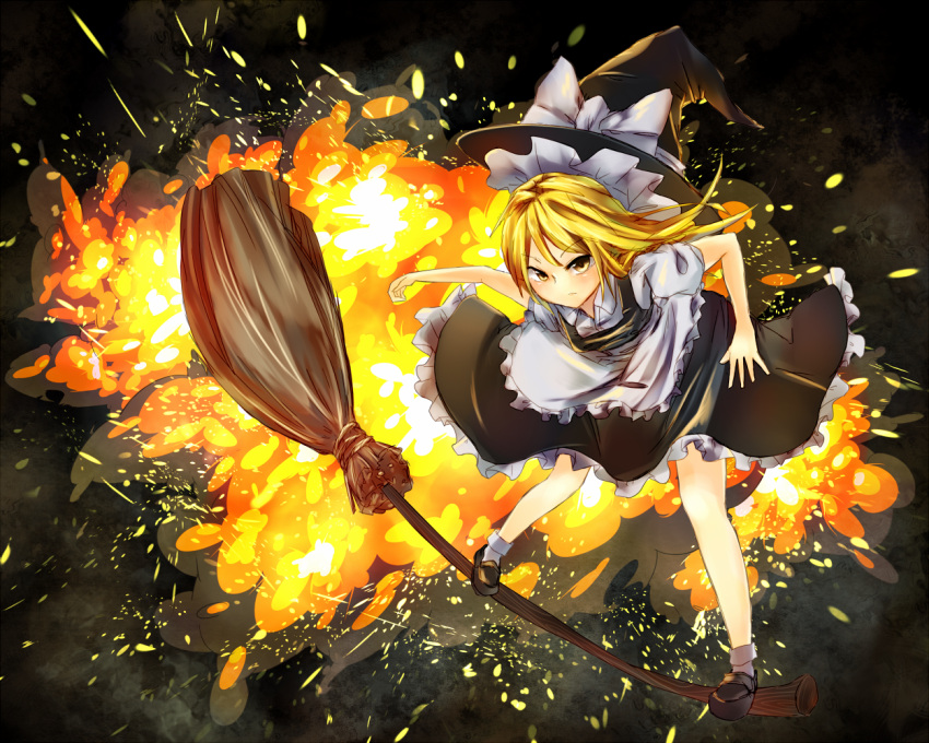 action apron blonde_hair broom broom_surfing broomsurfing dqn_(dqnww) dress explosion hat hat_ribbon kirisame_marisa long_hair ribbon solo touhou waist_apron witch witch_hat yellow_eyes
