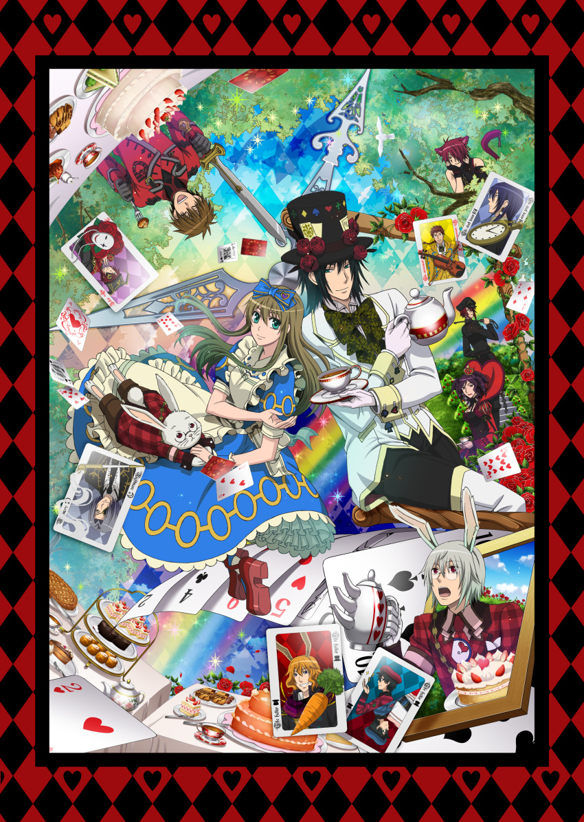 6+boys ^_^ absurdres ace ace_(kuni_no_alice) airay alice alice_in_wonderland alice_liddel alice_liddell animal animal_ears apron aqua_eyes arm_up bangs bare_shoulders beret bird black_gloves black_hair blonde_hair blood blood_dupre blue_dress boris boris_airay bow bowtie braid brothers brown_hair bunny bunny_ears cake card cards carrot cat_ears cat_tail cheshire_cat chin_rest clock closed_eyes cloud clover coat coin cookie crop_top crown cup desserts detached_sleeves diamond dress dual_persona dupre earrings elliot elliot_march everyone eyepatch eyes_closed falling_card feather_boa fingerless_gloves fish_bone fish_bones floating_card flower food fork frame frills glasses gloves green_eyes grey_hair grin hair_bow hair_over_one_eye hat heart heart_no_kuni_no_alice highres holding instrument jewelry joker joker_(kuni_no_alice) julius_monrey knife liddell long_dress long_hair looking_at_another looking_back looking_up mad_hatter march march_hare mary_gowland mask multiple_boys multiple_girls nightmare_gottschalk official_art open_mouth pantyhose parted_bangs peter peter_white pie piercing pillow pink_hair plaid plate playing_card pocket_watch purple_eyes purple_hair queen queen_of_hearts rabbit rabbit_ears rainbow red_eyes red_hair red_rose riding_crop ringlets rose rotational_symmetry scarf short_hair siblings silhouette silver_hair sky smile spade star striped striped_legwear sweets sword tail tail_piercing tea tea_party tea_set teacup teapot teeth top_hat tray tree tweedle_dee tweedle_dum tweedledee tweedledum twins upside-down violin vivaldi watch wavy_hair weapon white white_gloves white_rabbit wrist_cuffs yellow_eyes