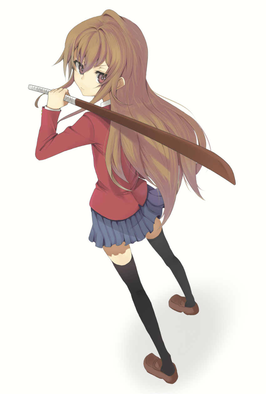 bad_id bokken brown_eyes brown_hair from_above from_behind highres long_hair looking_back ojaga school_uniform simple_background sword thigh-highs thighhighs toradora! weapon white white_background wooden_sword