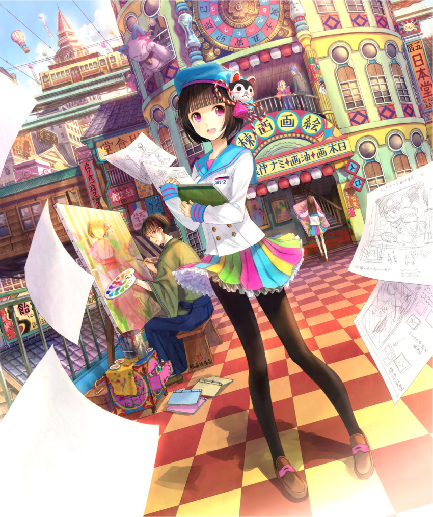 2boys 3girls black_hair black_legwear building checkered checkered_floor dutch_angle fuji_choko glasses hat highres hot_air_balloon multiple_boys multiple_girls original paintbrush painting_(object) pantyhose short_hair sketch sketchpad skirt