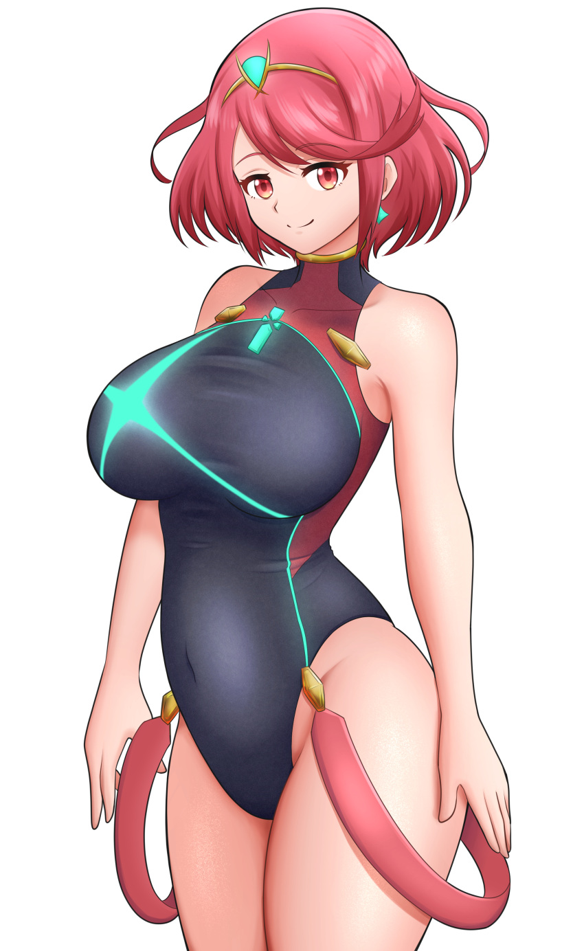 absurdres bangs black_swimsuit breasts chest_jewel competition_swimsuit covered_collarbone gem headpiece highres kiteman442 large_breasts one-piece_swimsuit pyra_(pro_swimmer)_(xenoblade) pyra_(xenoblade) red_eyes red_swimsuit redhead ribbed_swimsuit short_hair strapless strapless_swimsuit swept_bangs swimsuit tiara two-tone_swimsuit xenoblade_chronicles_(series) xenoblade_chronicles_2