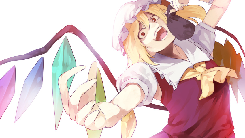 ascot bad_id bad_perspective bag blonde_hair bust crystal flandre_scarlet hands hat open_mouth rby shikihara_mitabi short_hair solo the_embodiment_of_scarlet_devil touhou wings