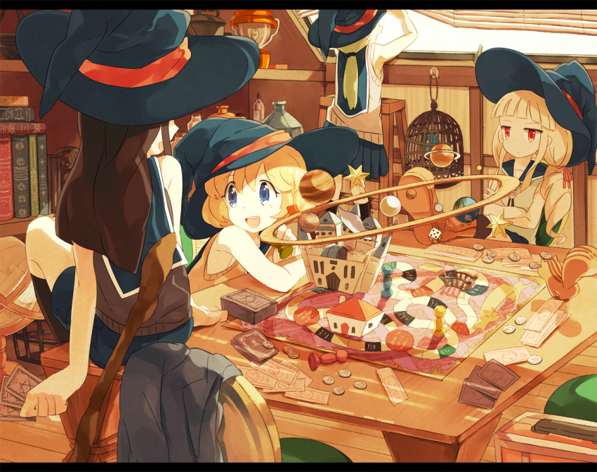 4girls blonde_hair blue_eyes boots brown_hair coin dice green_eyes happy hat long_hair mocha_(mokaapolka) multiple_girls original ponytail red_eyes school_uniform short_hair smile squirrel table twintails witch_hat